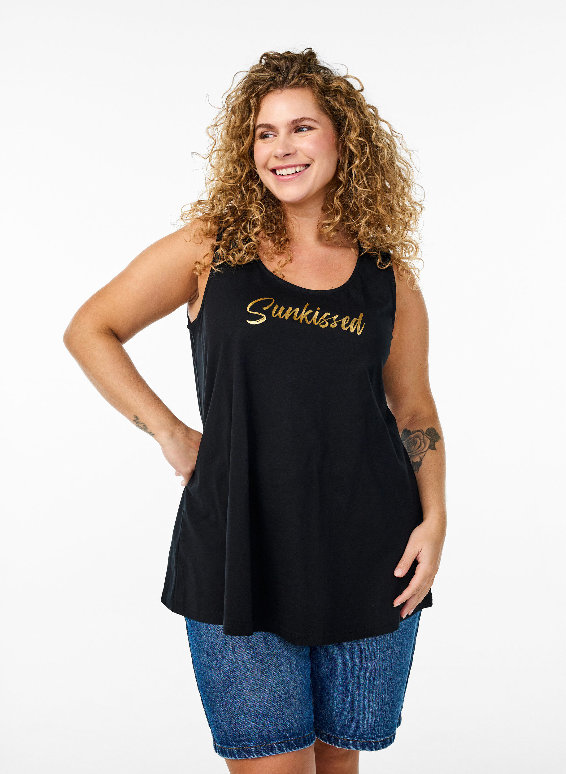 ZizziKatoenen top met a-vorm, Zwart, Model image number 0
