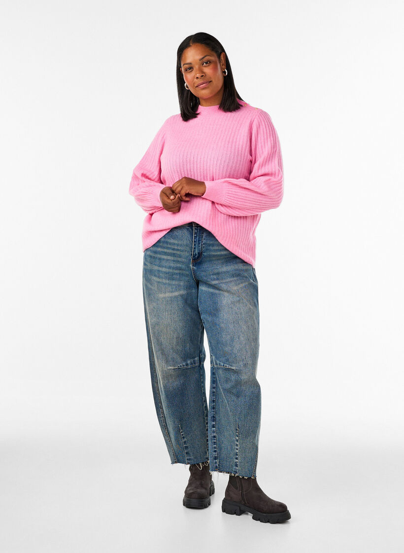 Pull c&ocirc;tel&eacute; &agrave; manches bouffantes et boutons, Rose, Model image number 1