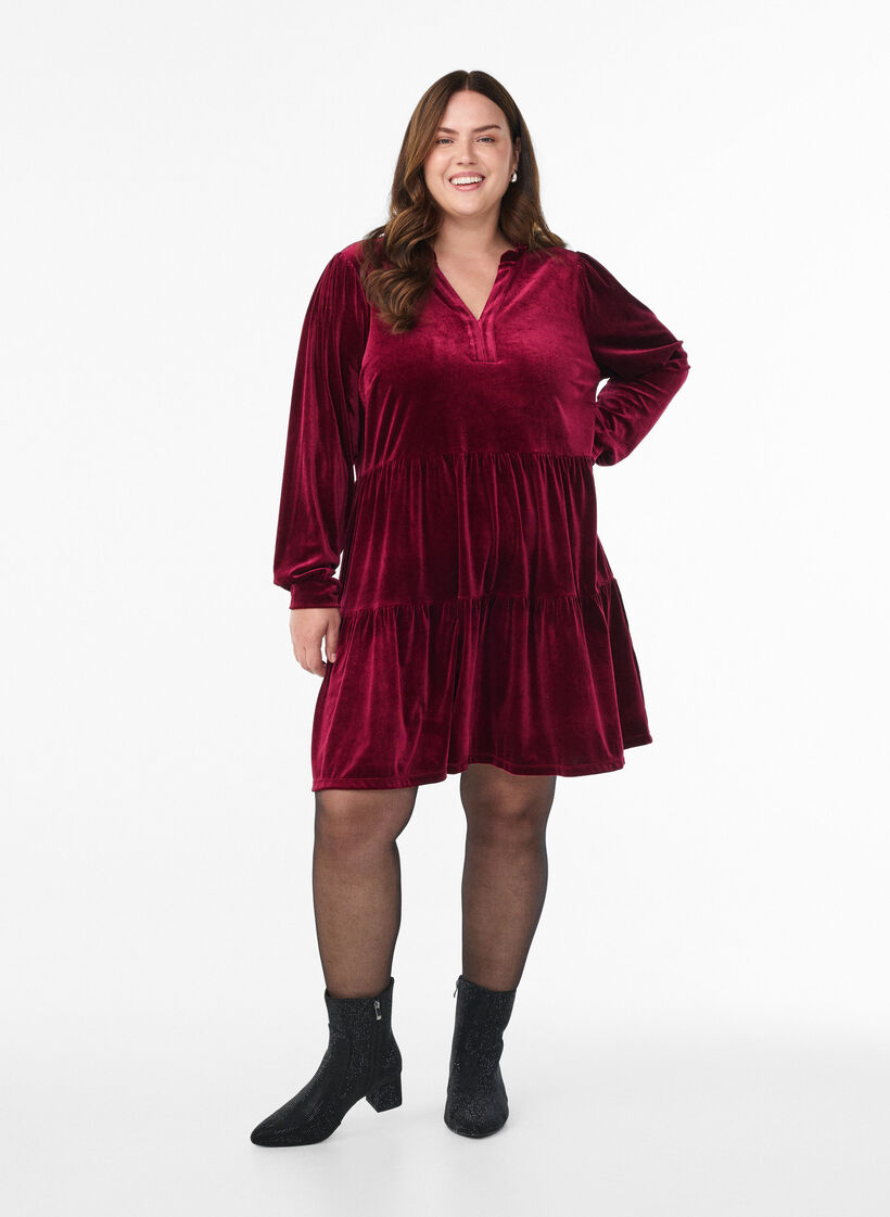 Robe courte en velours avec un col &agrave; volants et des manches longues, Rouge, Model image number 1