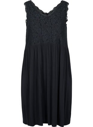 Viscose pyjama jurk met kanten top, Black, Packshot image number 0