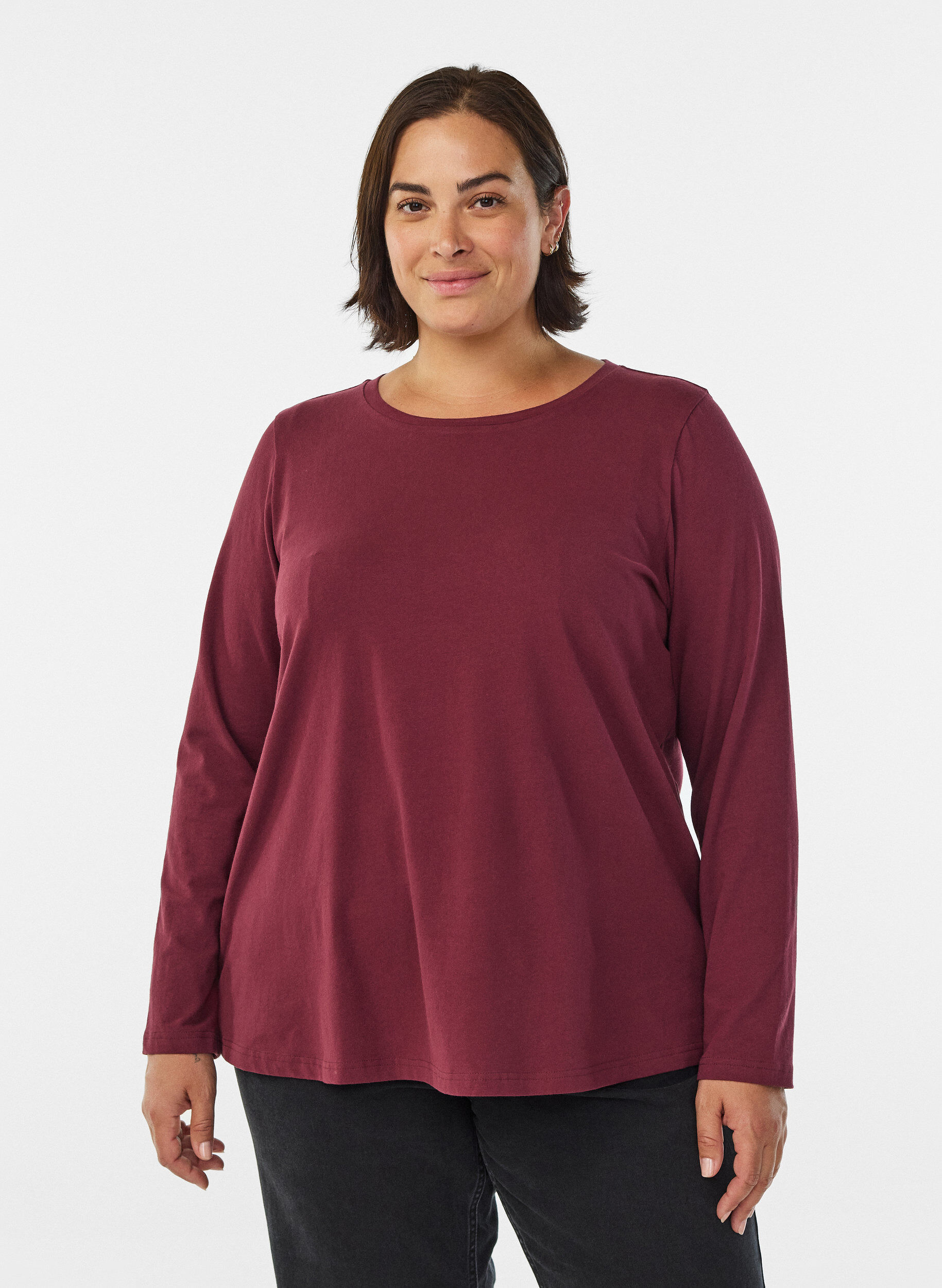 ZizziBasic jerseyblouse met lange mouwen, Donker Bordeaux, Model image number 0