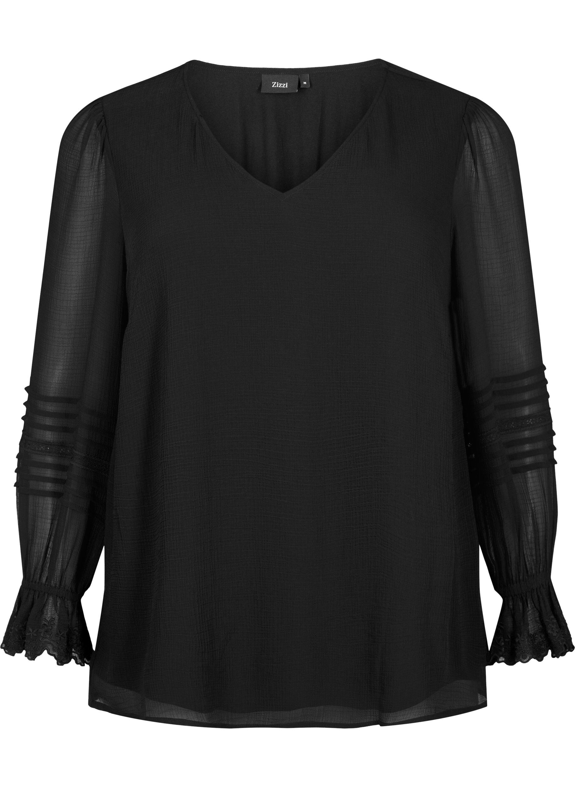 ZizziBlouse met V-hals en ruches aan de mouwen, Black, Packshot image number 0