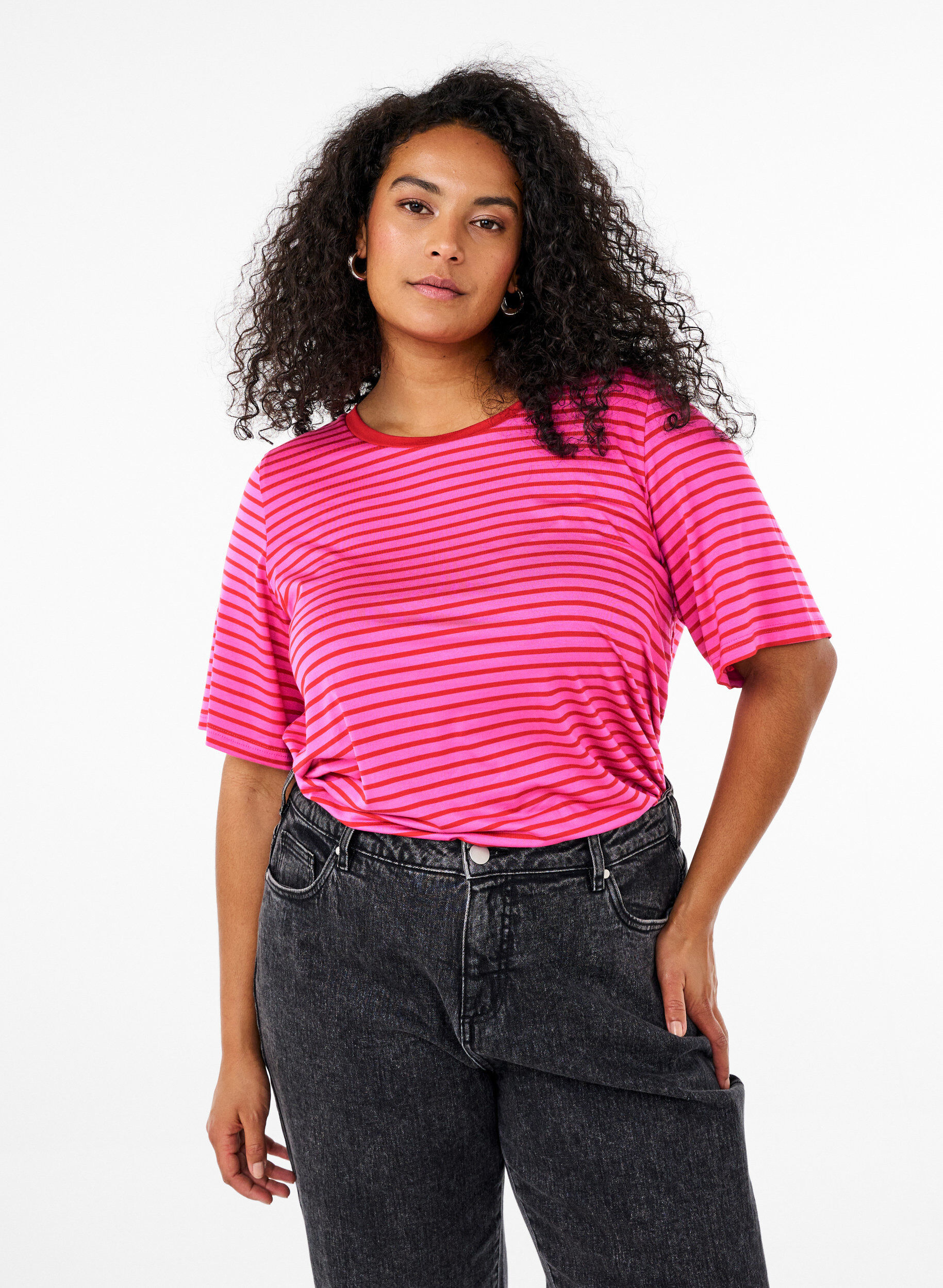 ZizziT-shirt met TENCEL&trade; Lyocell en strepen, Roze, Model image number 0
