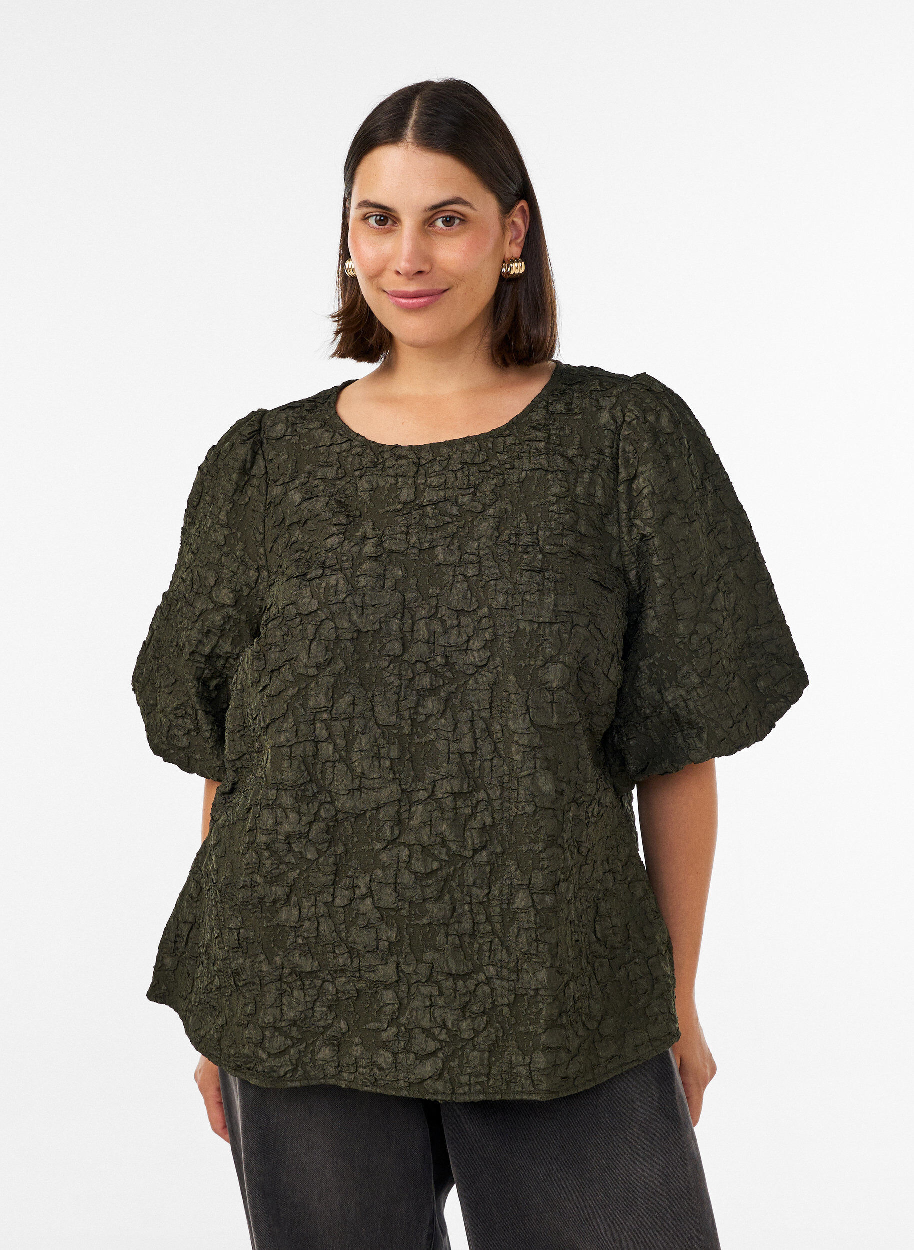 ZizziJacquard blouse met pofmouwen en A-lijnvorm, Groen, Model image number 0
