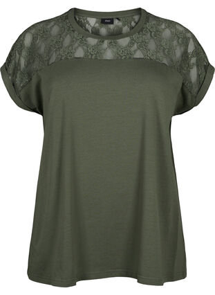 Katoenen T-shirt met korte mouwen en kant, Thyme, Packshot image number 0