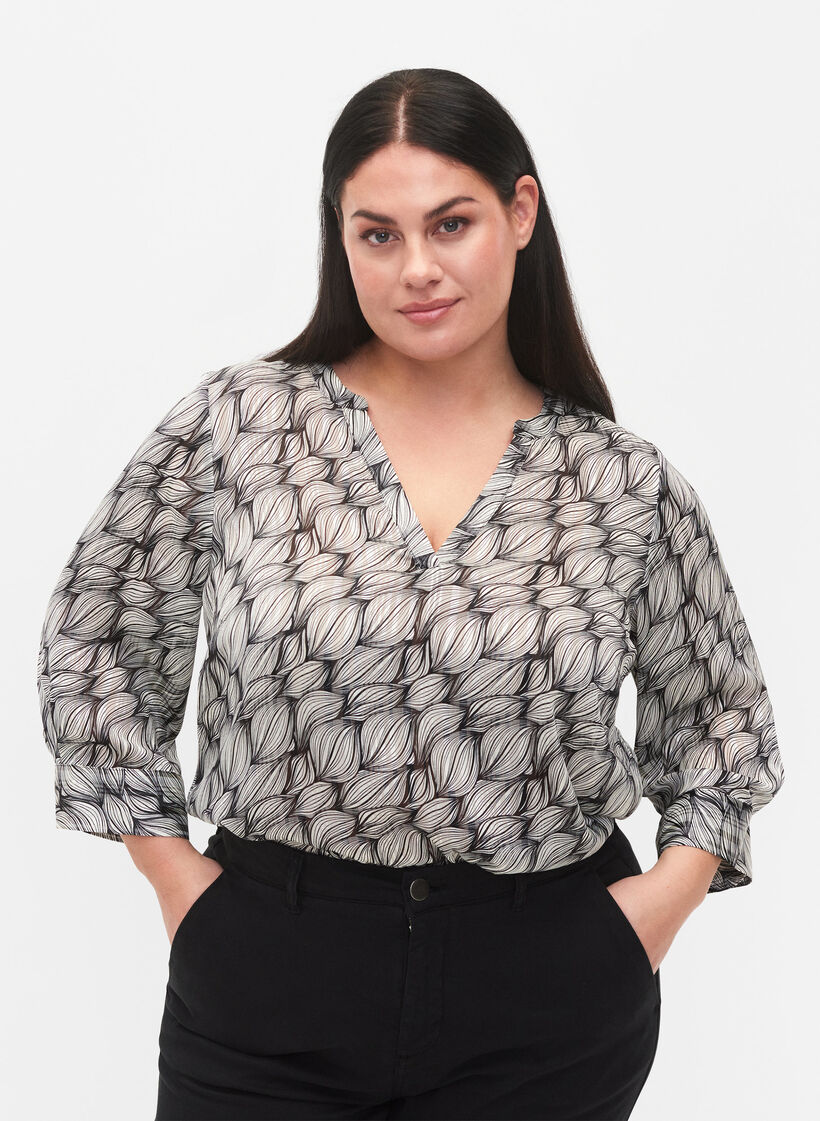 Blouse met print en 3/4 mouwen, Black White Leaf, Model image number 0