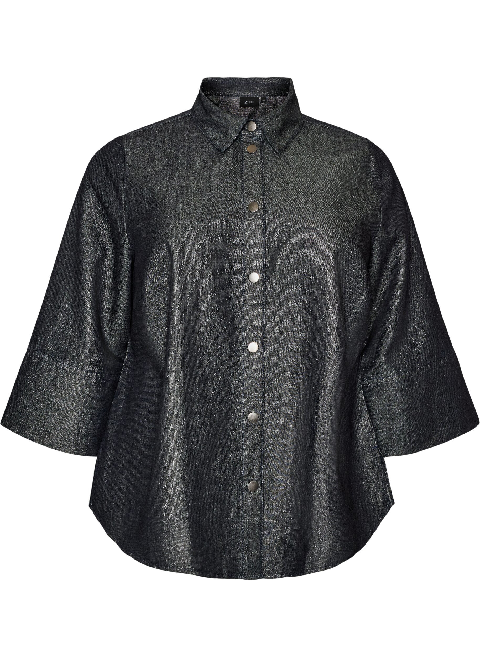 ZizziChemise en jean avec fil paillet&eacute; et manches 3/4, Gris anthracite, Packshot image number 0