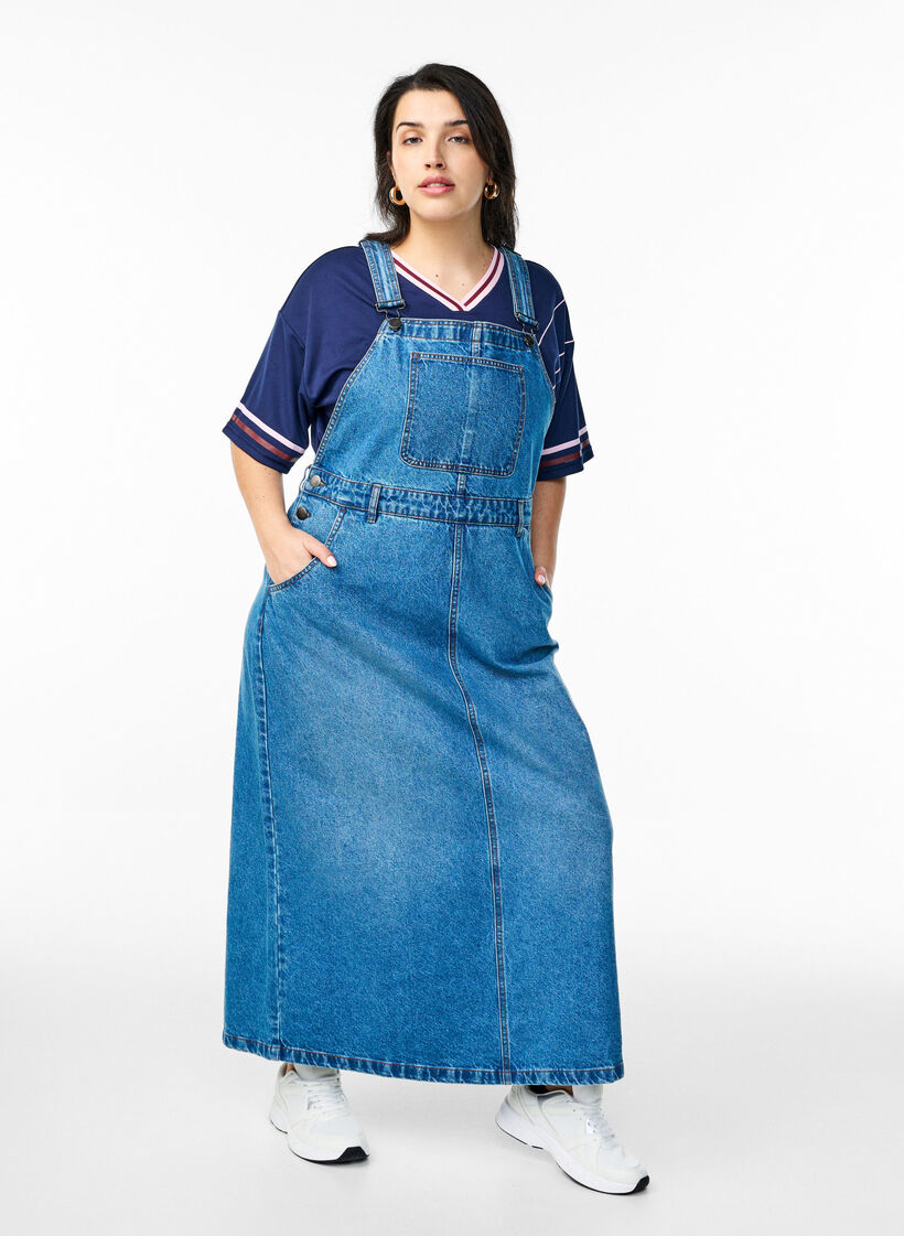 Midi denim overall jurk, Blauw, Model image number 0