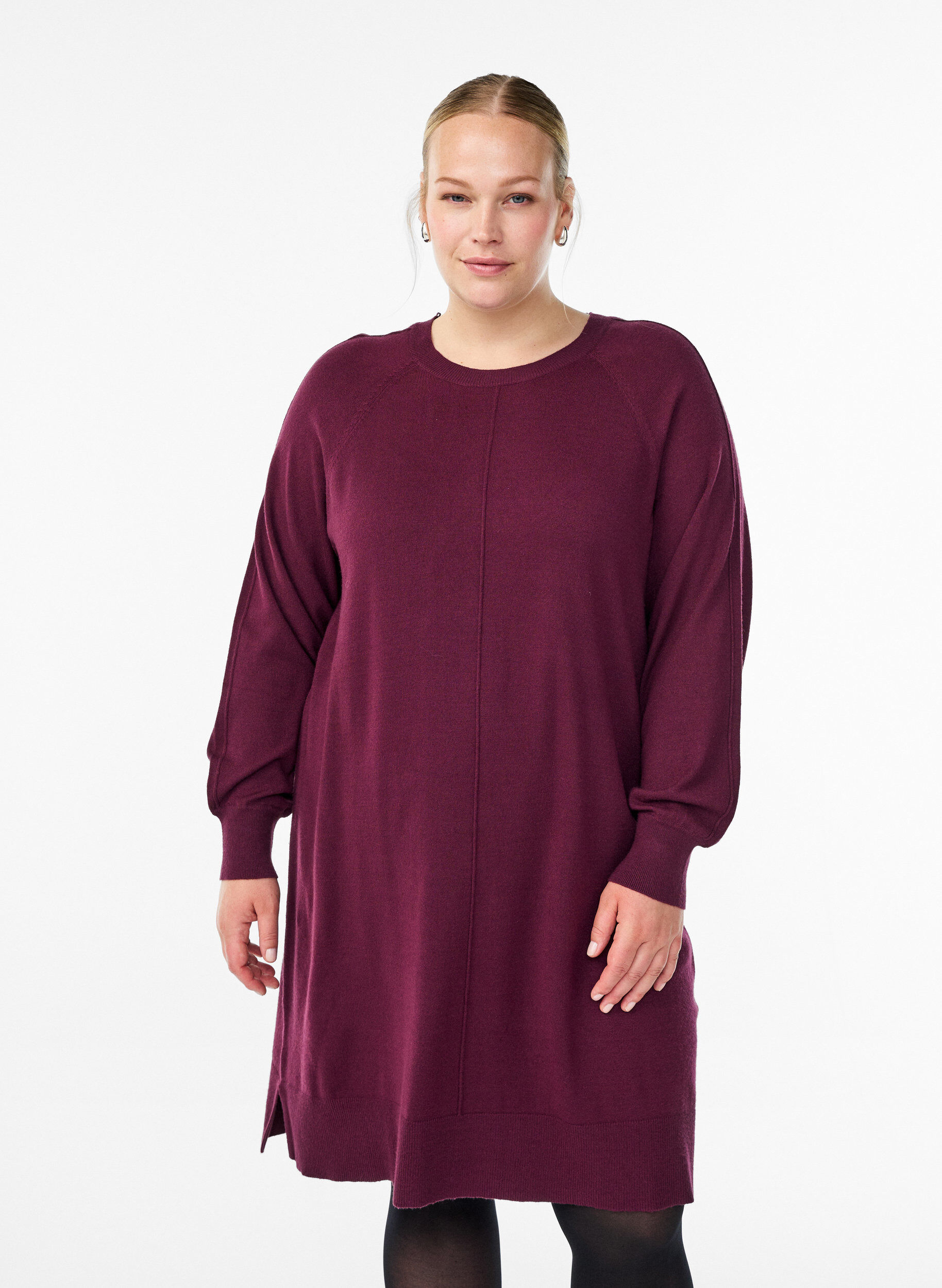 ZizziKorte gebreide jurk met raglanmouwen en een middennaad, Rood, Model image number 0