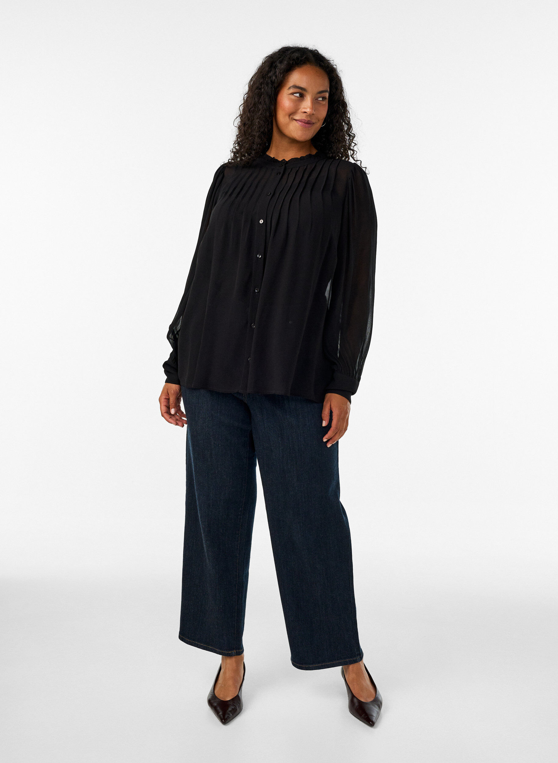 ZizziBlouse en viscose &agrave; col &agrave; volants, Noir, Model image number 1