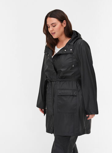 Veste de pluie avec ceinture et capuche, Black, Model image number 0