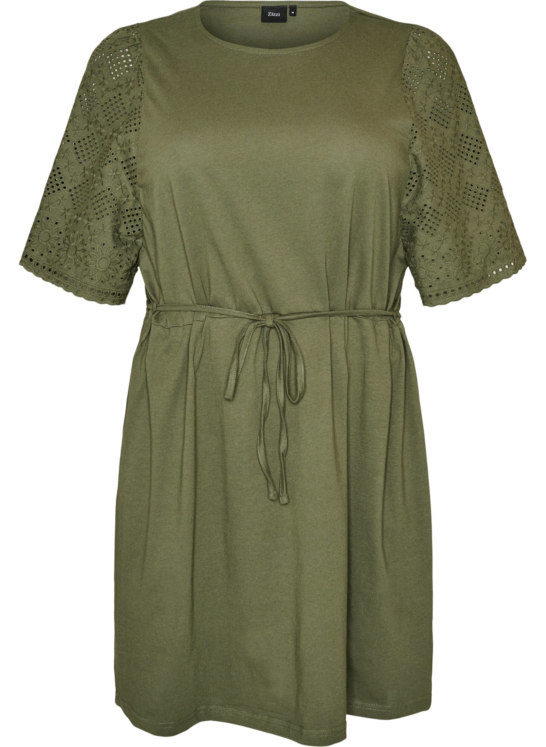 Robe en coton avec manches en broderie anglaise et ceinture &agrave; nouer