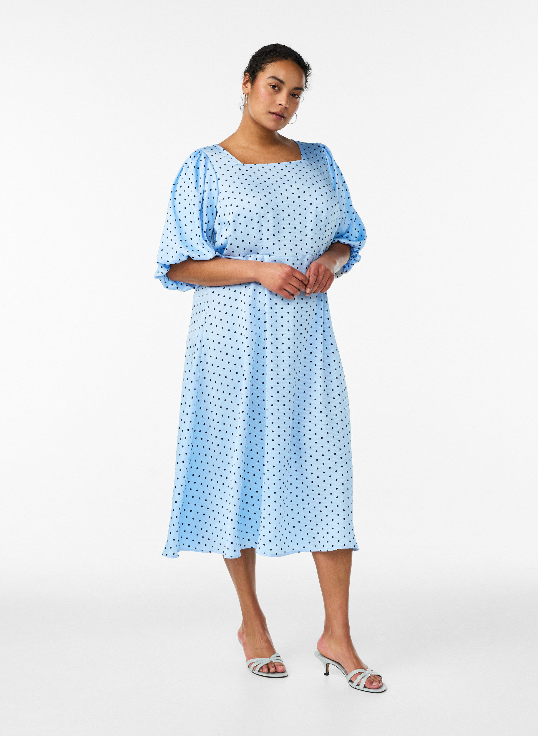 ZizziPolkadot midi-jurk met vierkante halslijn, Blauw, Model image number 1