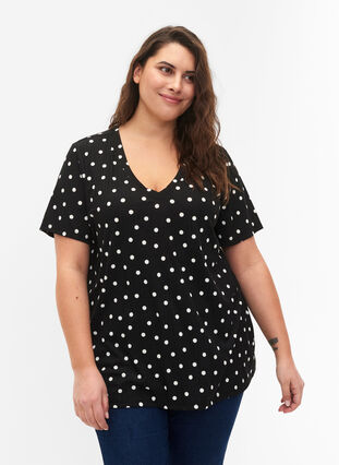 FLASH - T-shirt imprimé avec col en V, Black Dot, Model image number 0
