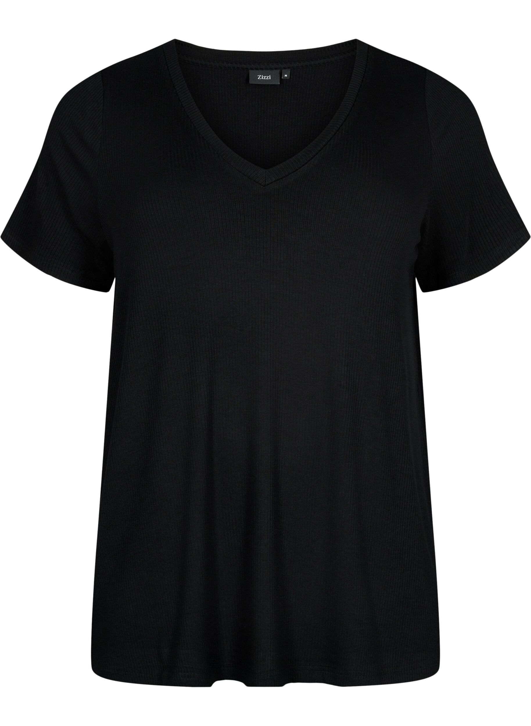 ZizziGeribd viscose t-shirt met v-hals, Black, Packshot image number 0