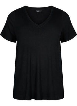 Geribd viscose t-shirt met v-hals, Black, Packshot image number 0