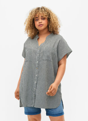 Chemise à manches courtes en coton à rayures, Scarab Stripe, Model image number 0