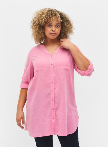 Lange blouse met 3/4 mouwen en v-hals, Rosebloom, Model image number 0