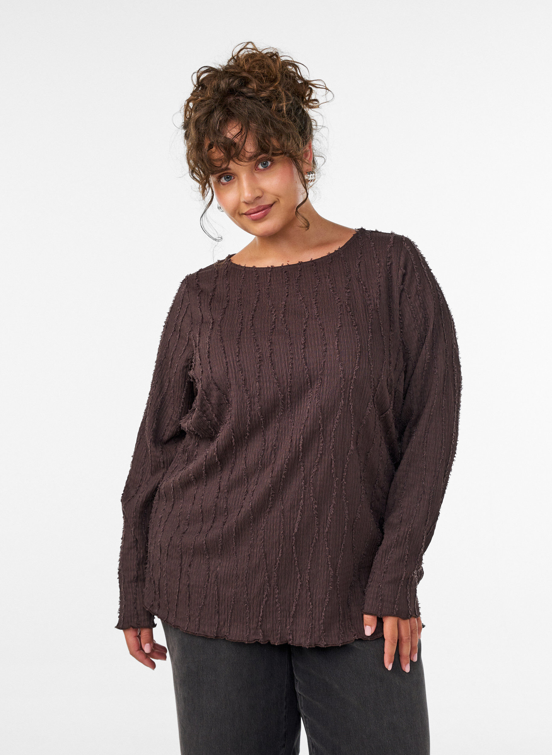 ZizziJersey blouse met een golvende textuur, Bruin, Model image number 0