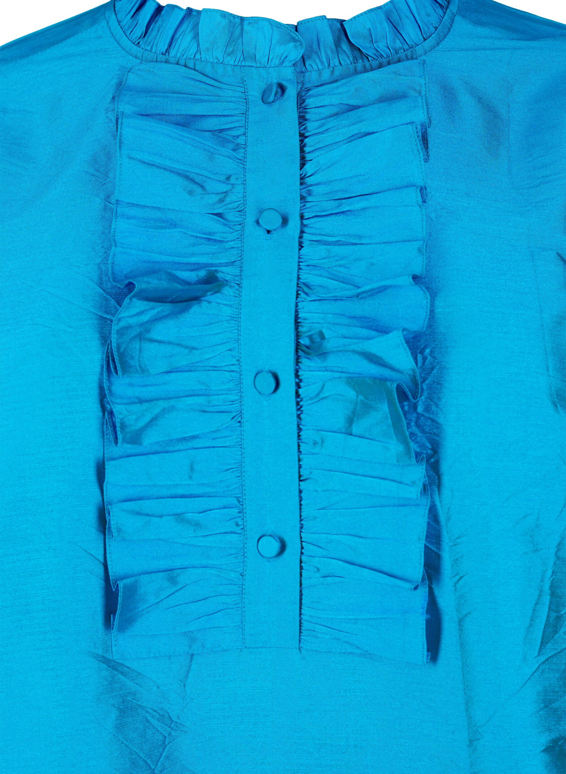 ZizziGlanzende shirtblouse met ruches, Diva Blue, Packshot image number 2