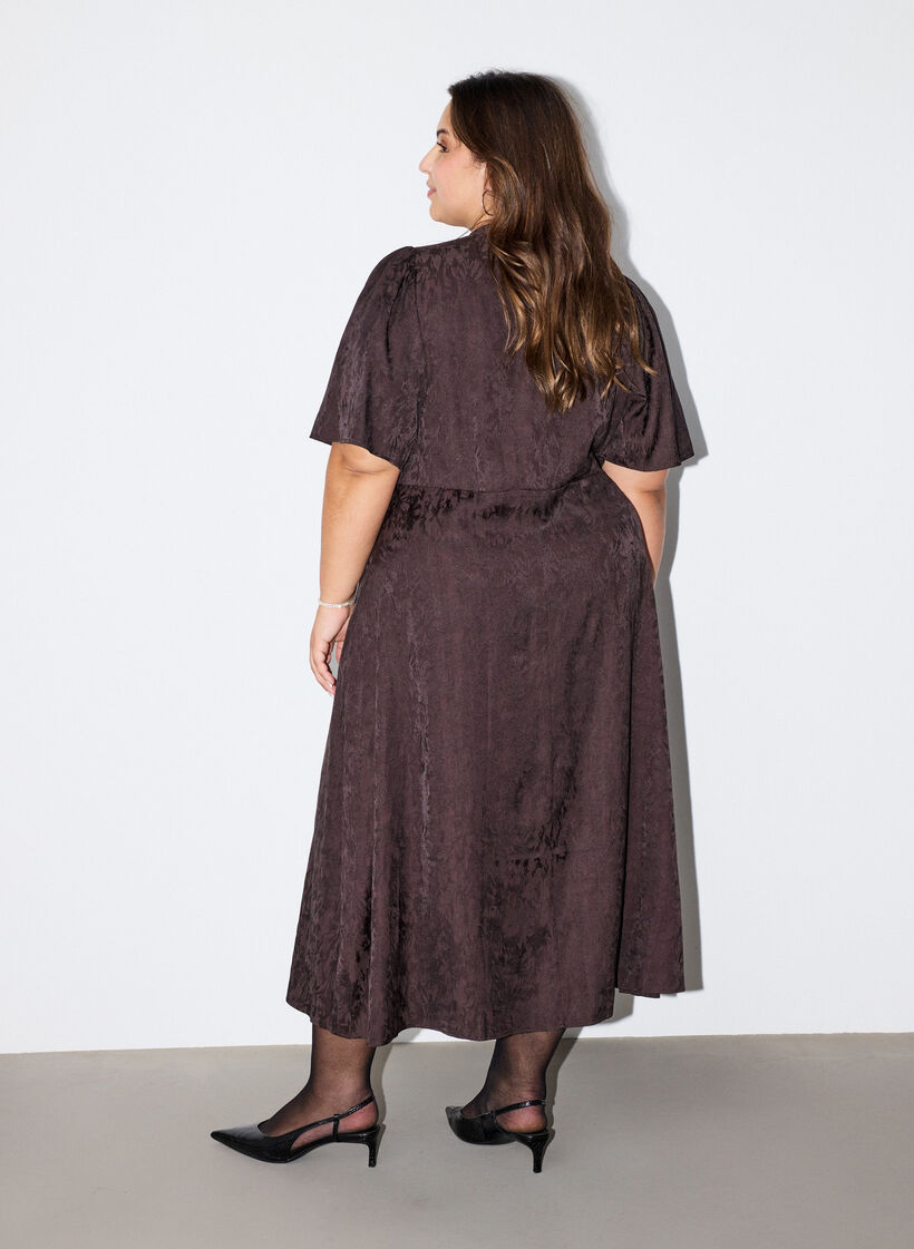 Midi-jurk met jacquard en paisleypatroon en vleugelmouwen, Bruin, Model image number 1