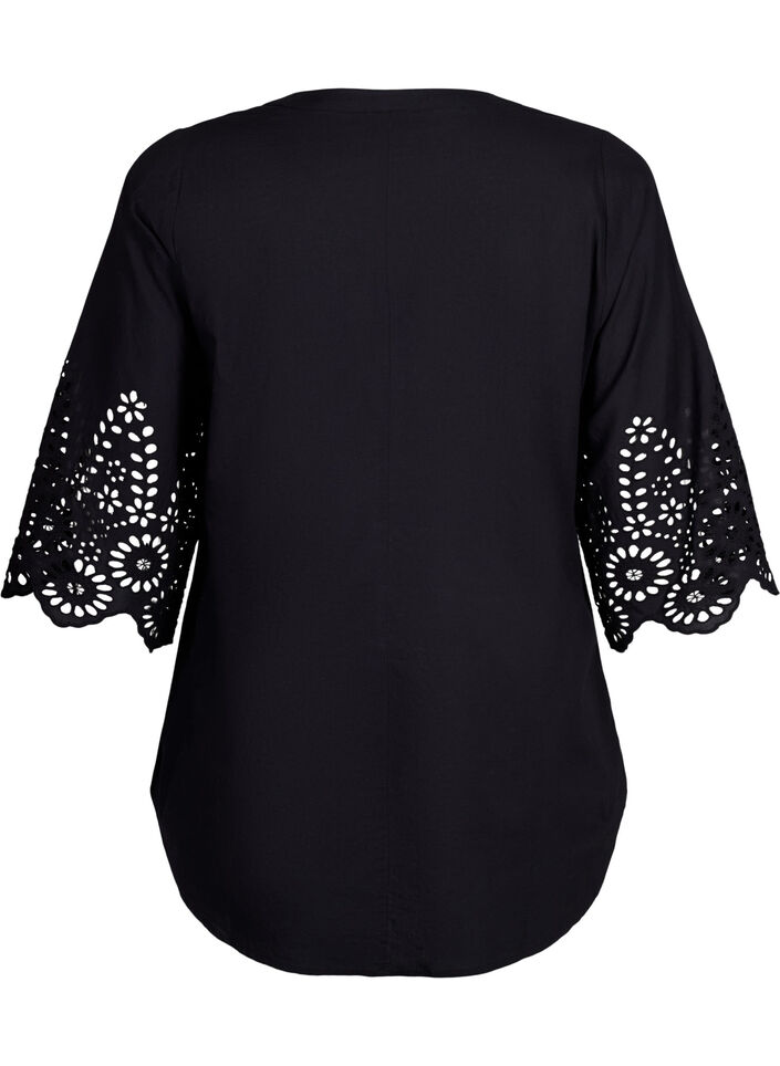 Shirt blouse met broderie anglaise en 3/4-mouwen, Black, Packshot image number 1