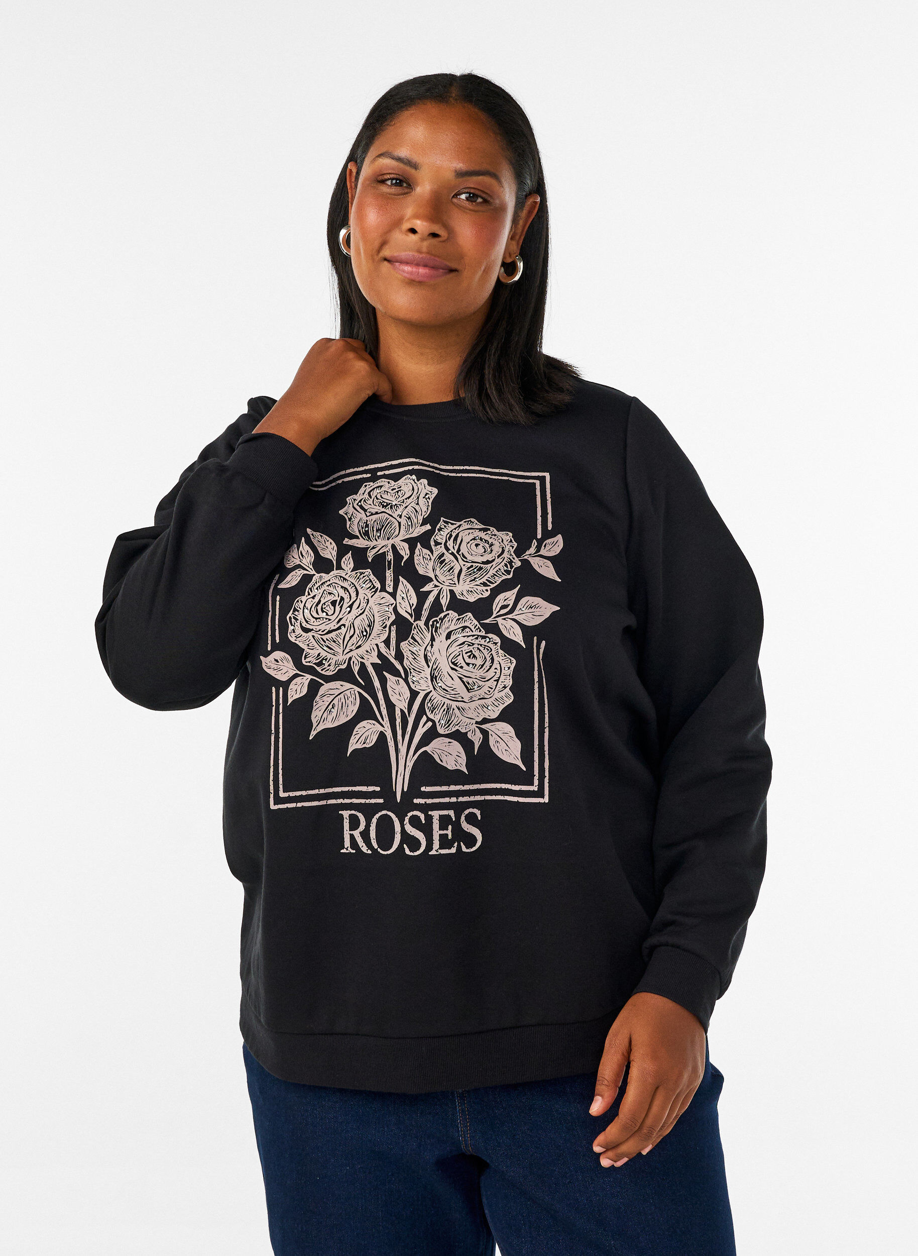 ZizziSweatshirt met rozenprint en strassteentjes, Zwart, Model image number 0