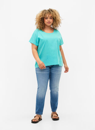 Katoenen blouse met korte mouwen van katoenmix met linnen, Turquoise, Model image number 2
