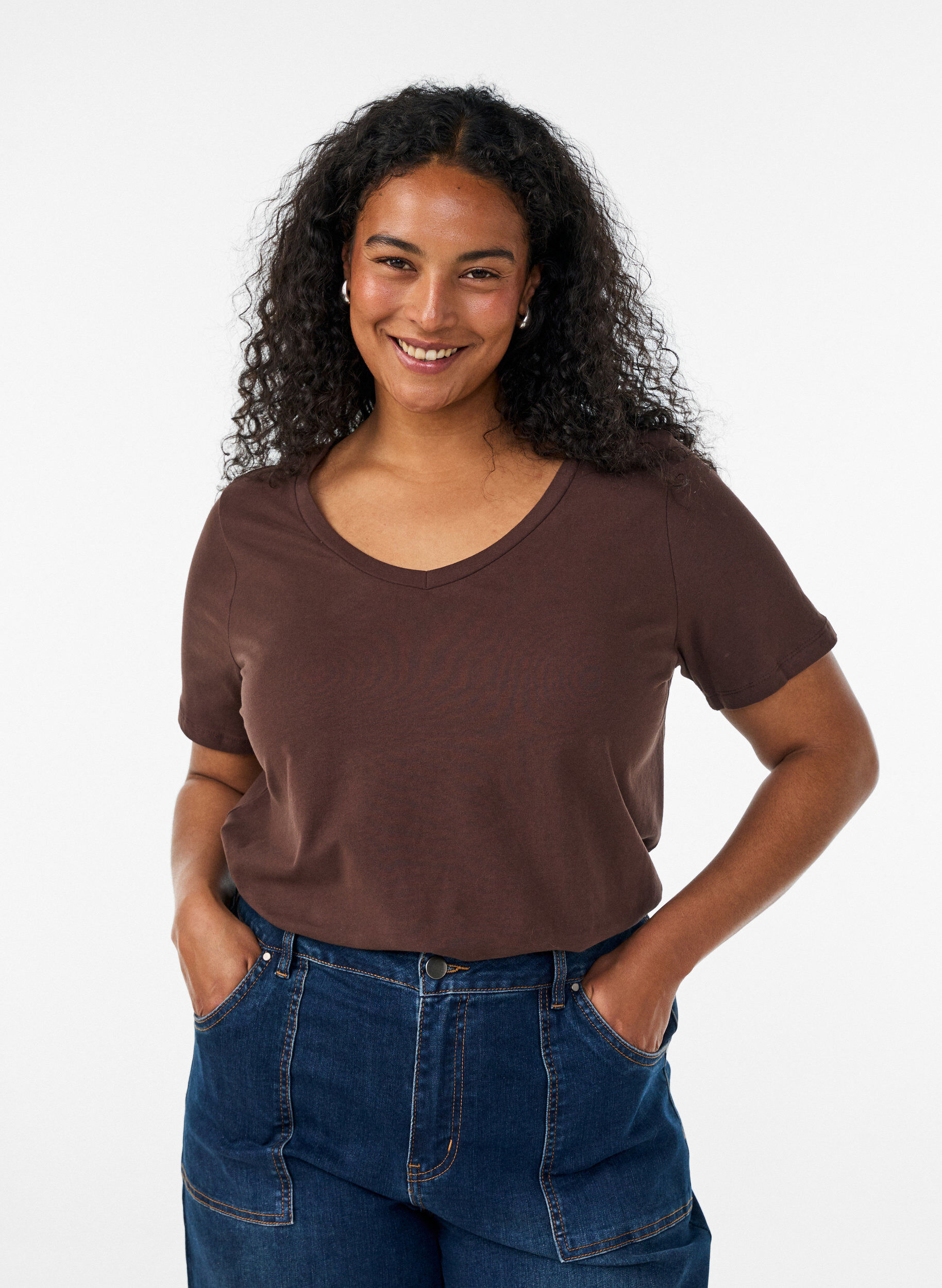ZizziBasic t-shirt in effen kleur met katoen, Bruin, Model image number 0
