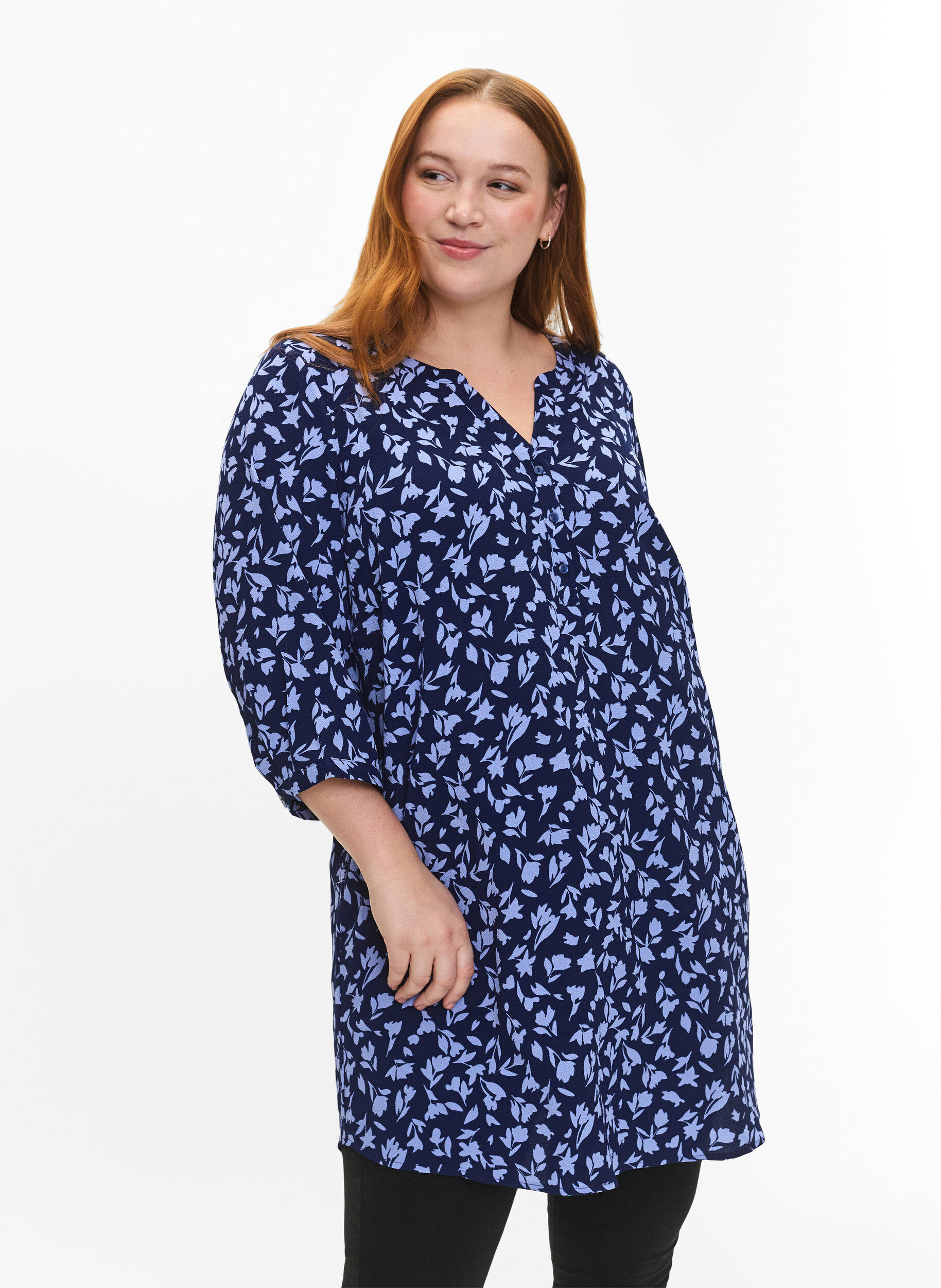 ZizziGebloemde tuniek met 3/4 mouwen, M. Blue Flower AOP, Model image number 0