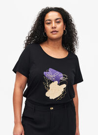 T-shirt en coton avec motif, Black w. Face Foil, Model