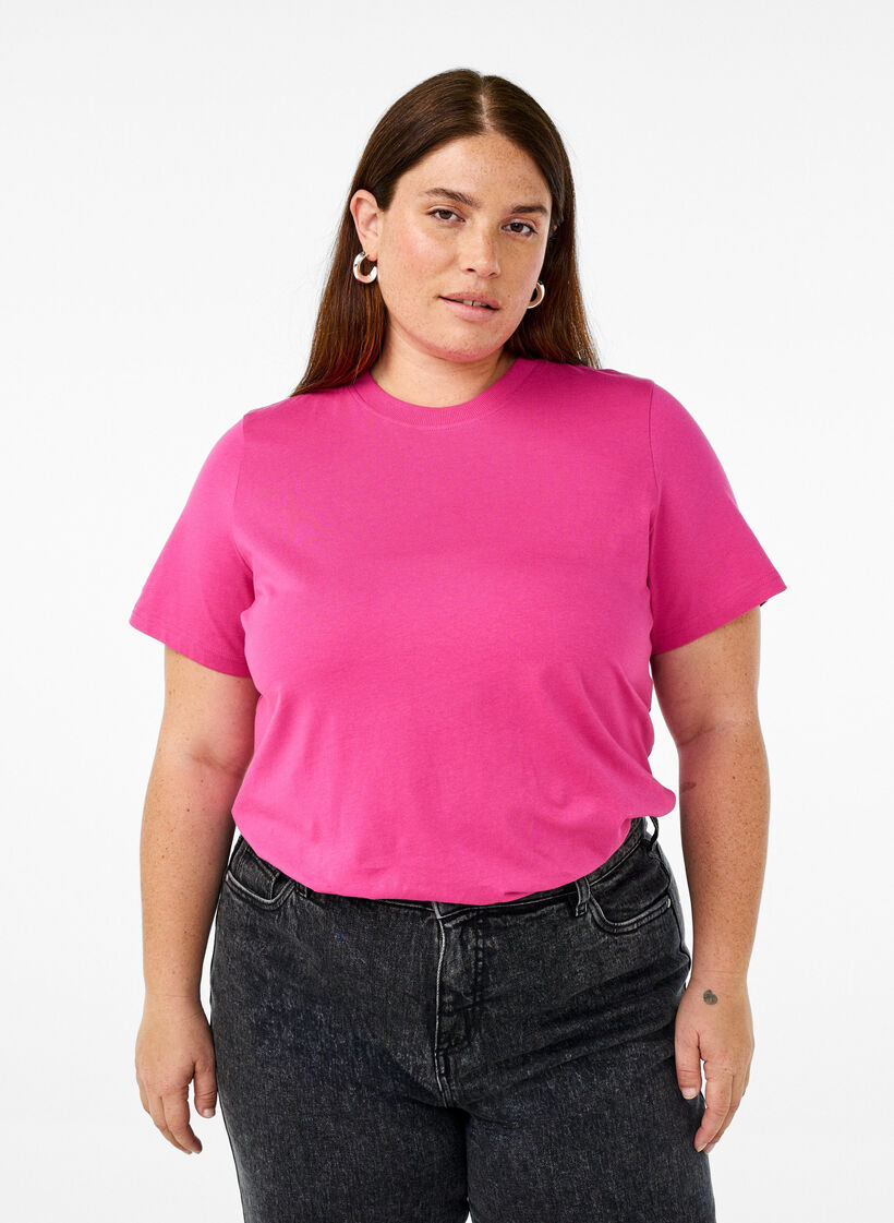 T-shirt basique en coton &agrave; col rond, Rose, Model image number 0