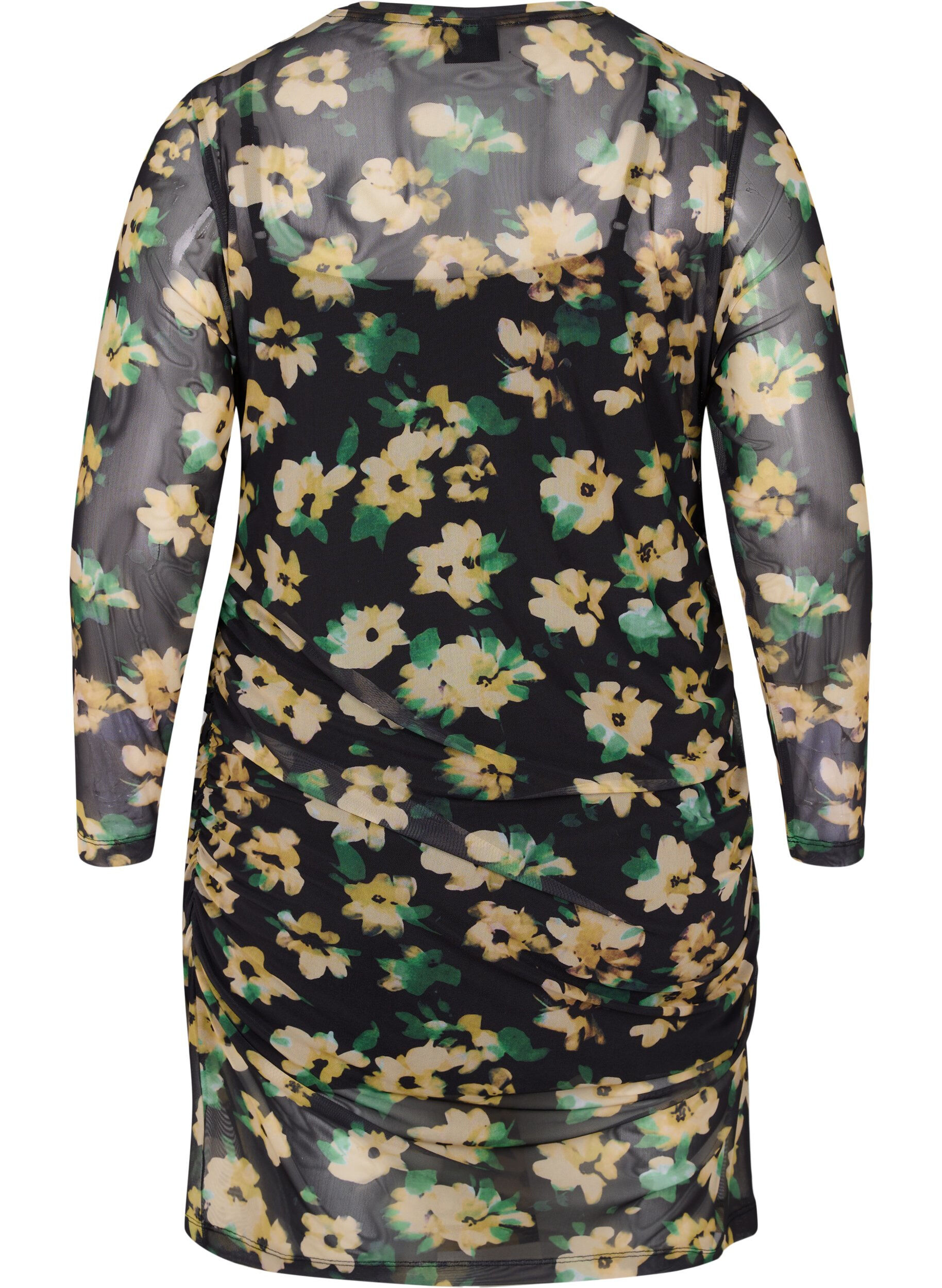 Zizzi Robe en maille mesh ajust&eacute;e avec manches 3/4, Yellow Green AOP, Packshot image number 1