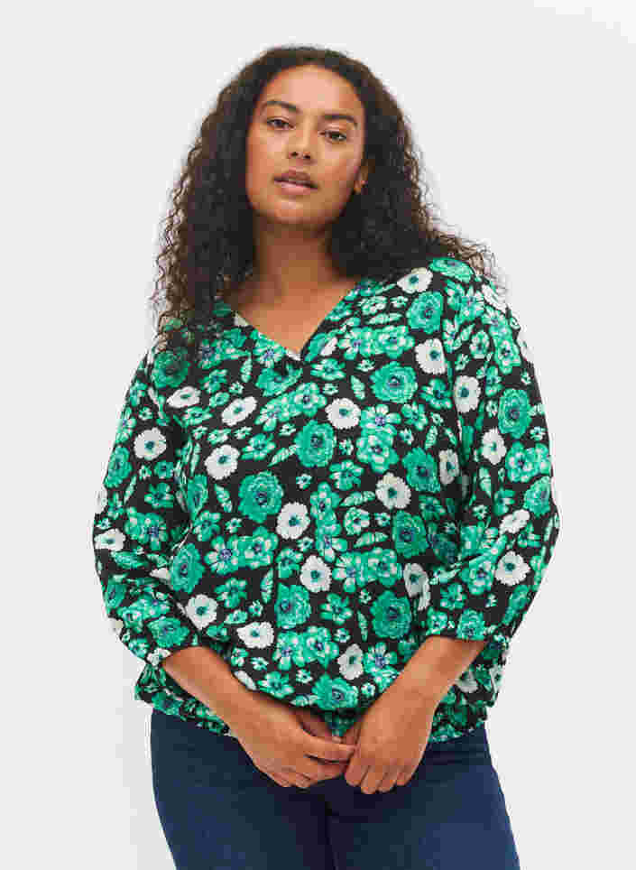 Gebloemde viscose blouse met smokwerk, Green Flower AOP, Model image number 0
