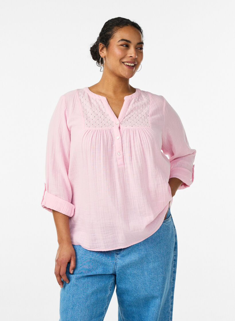 Blouse in katoenen mousseline met broderie anglaise, Roze, Model image number 0