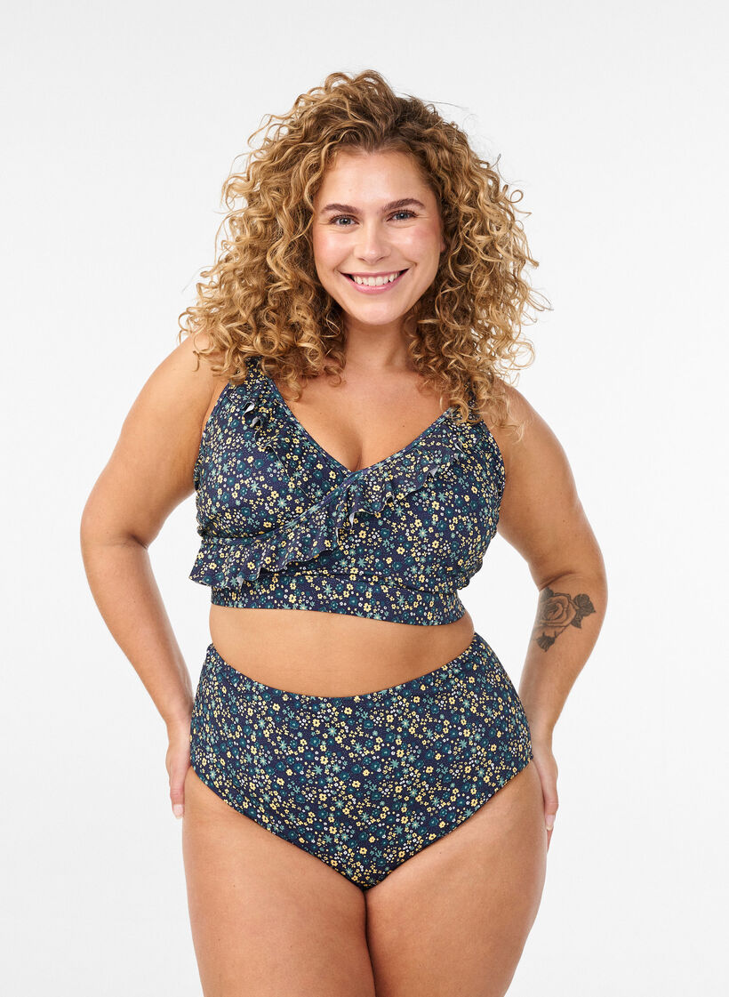 Bloemen bikinitop met ruches, Blauw, Model image number 1