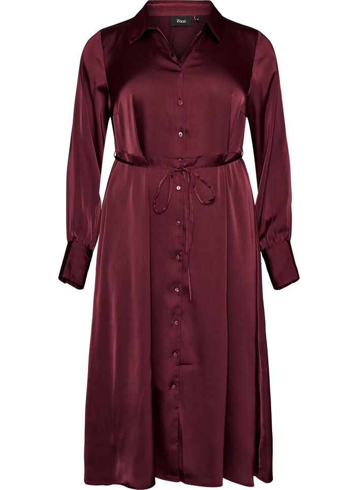 Satijnen overhemdjurk met een strikceintuur, Rood, Packshot image number 0