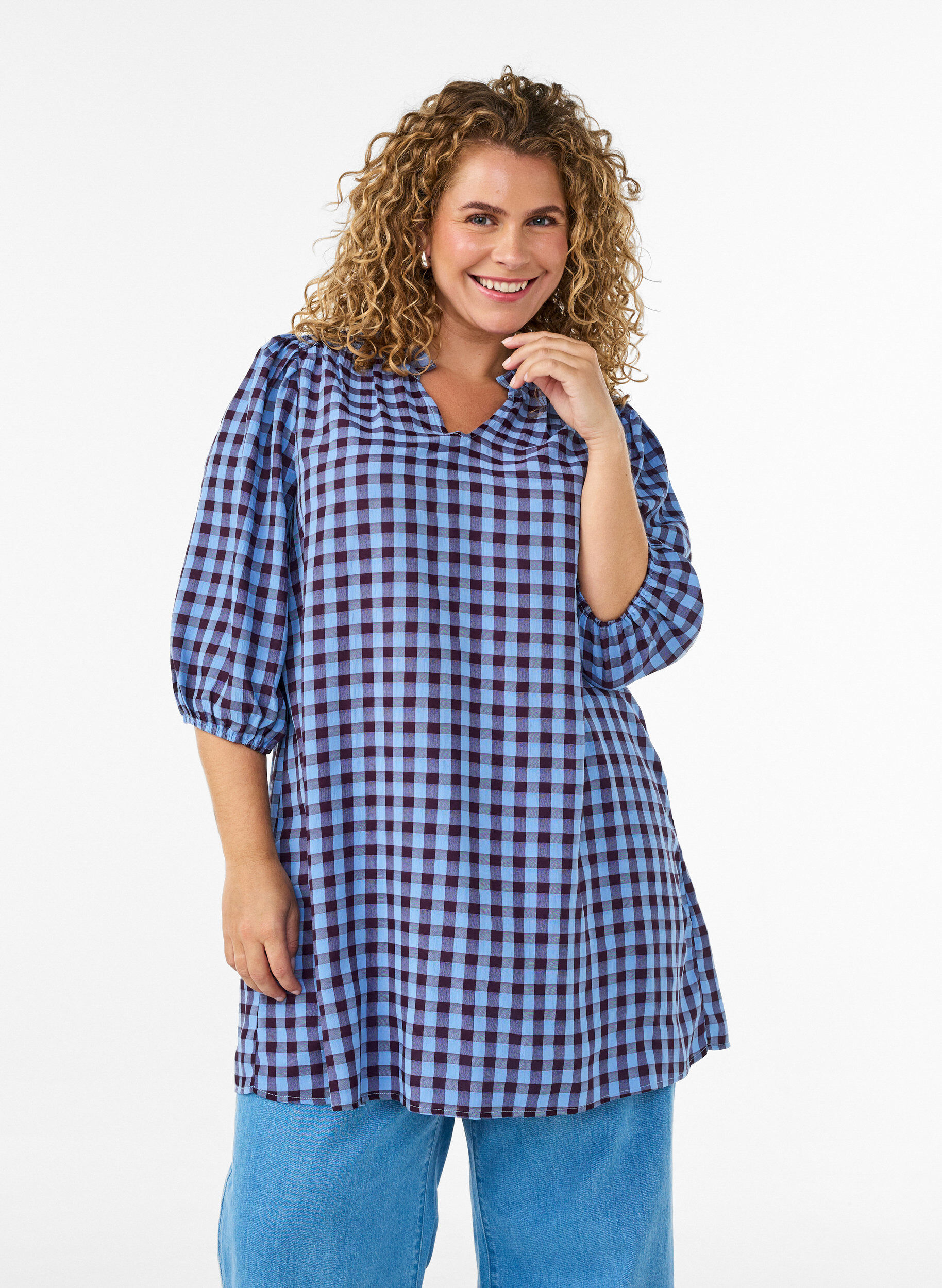 Tunic met ginghamruit en ruchekraag, Blauw, Model