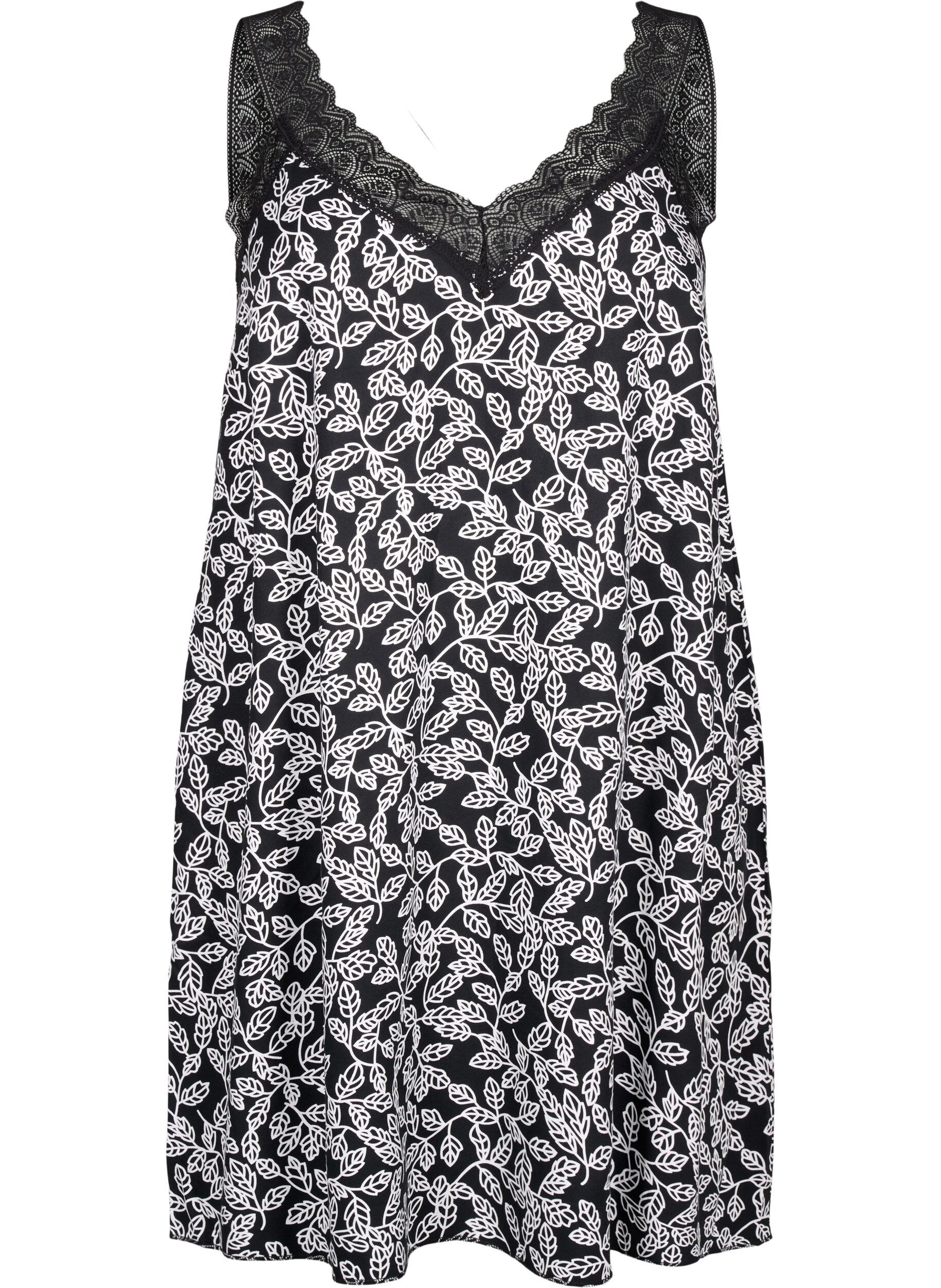Zizzi Robe &agrave; bretelles en viscose orn&eacute;e de dentelle, Black w. Wh.Leaf AOP, Packshot image number 0