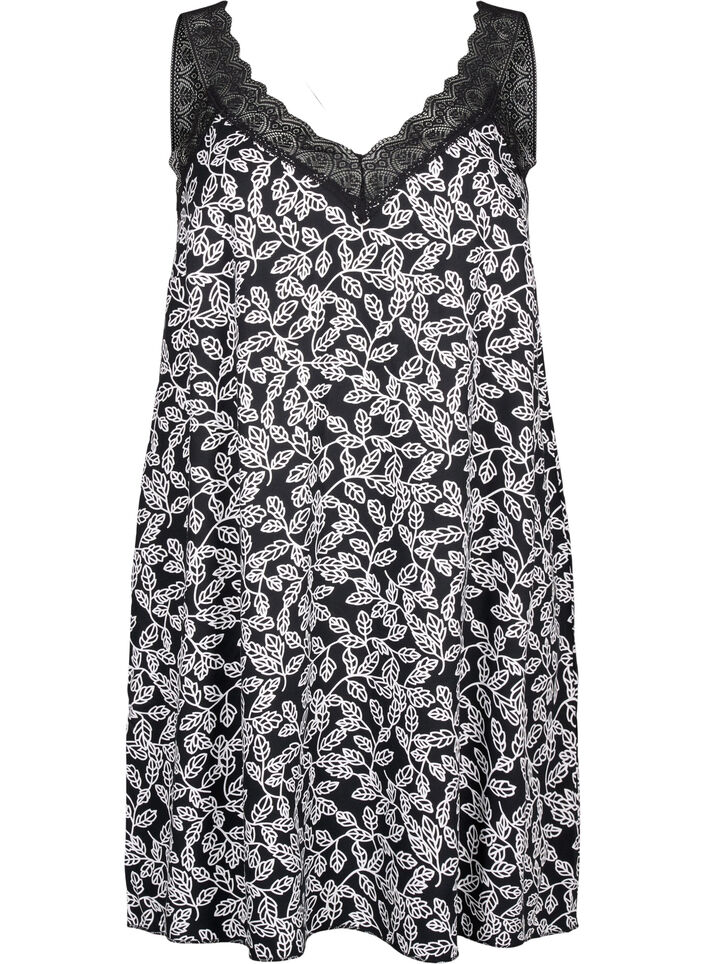 Spaghetti-jurk van viscose met kant, Black w. Wh.Leaf AOP, Packshot image number 0