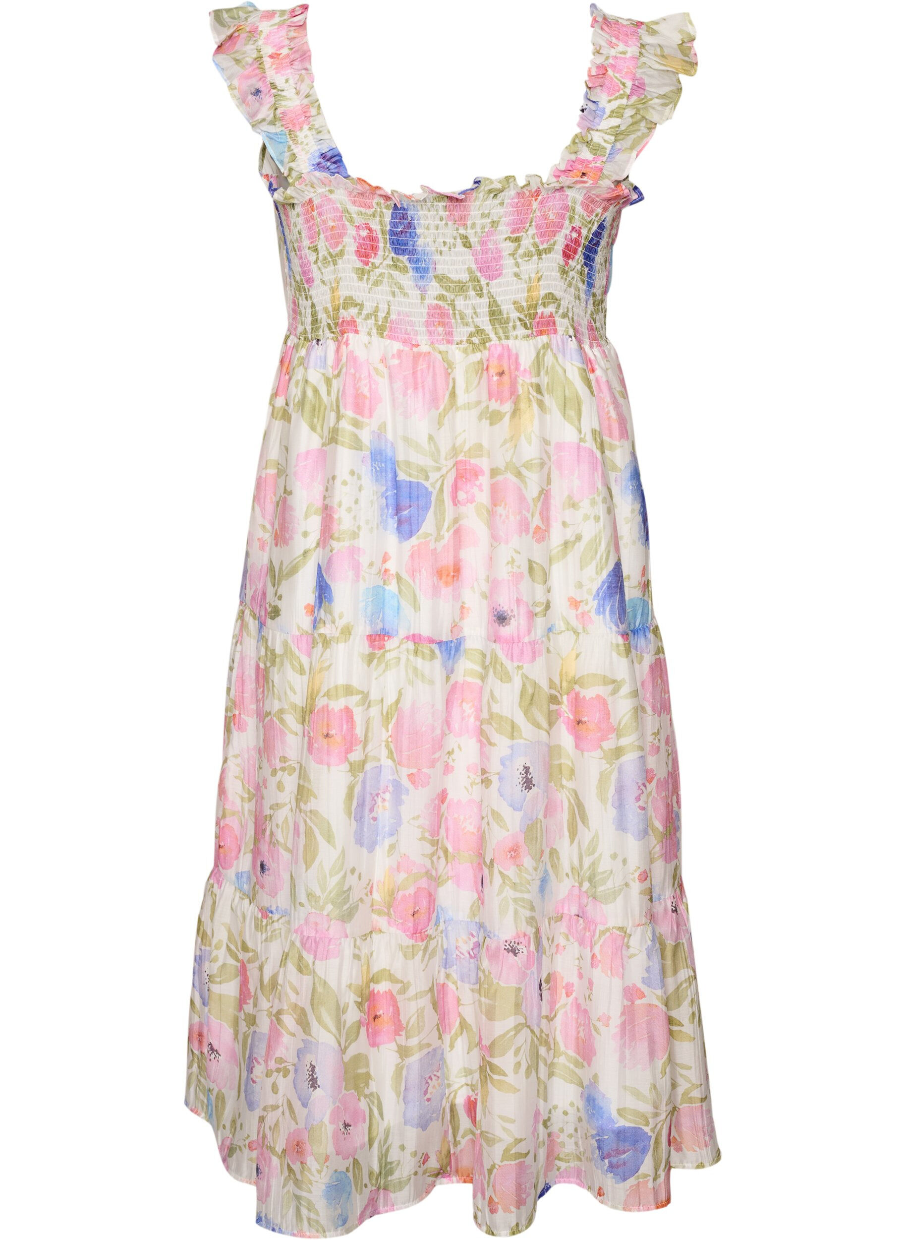 ZizziLange bloemenjurk in lyocell met ruches, Wit, Packshot image number 1