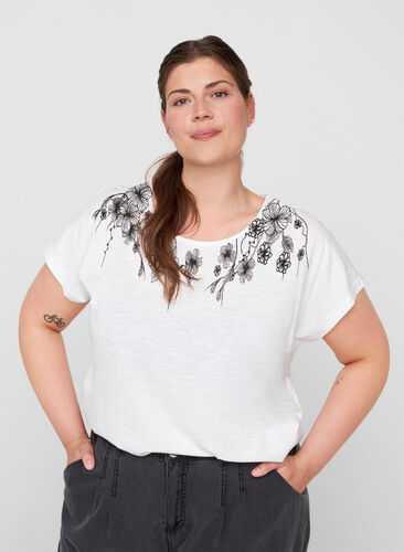 Katoenen t-shirt met print, Bright White FLOWER, Model image number 0