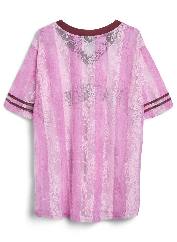 Gestreepte kanten blouse met opvallende print, Roze, Packshot image number 1