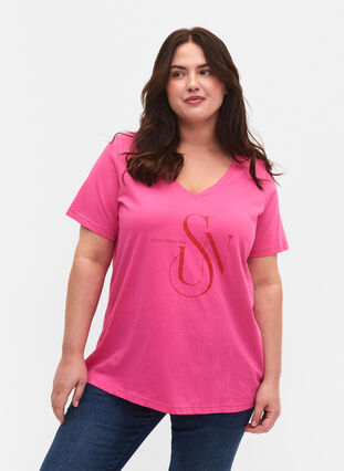 T-shirt en coton avec imprimé, Shocking Pink SUN, Model image number 0