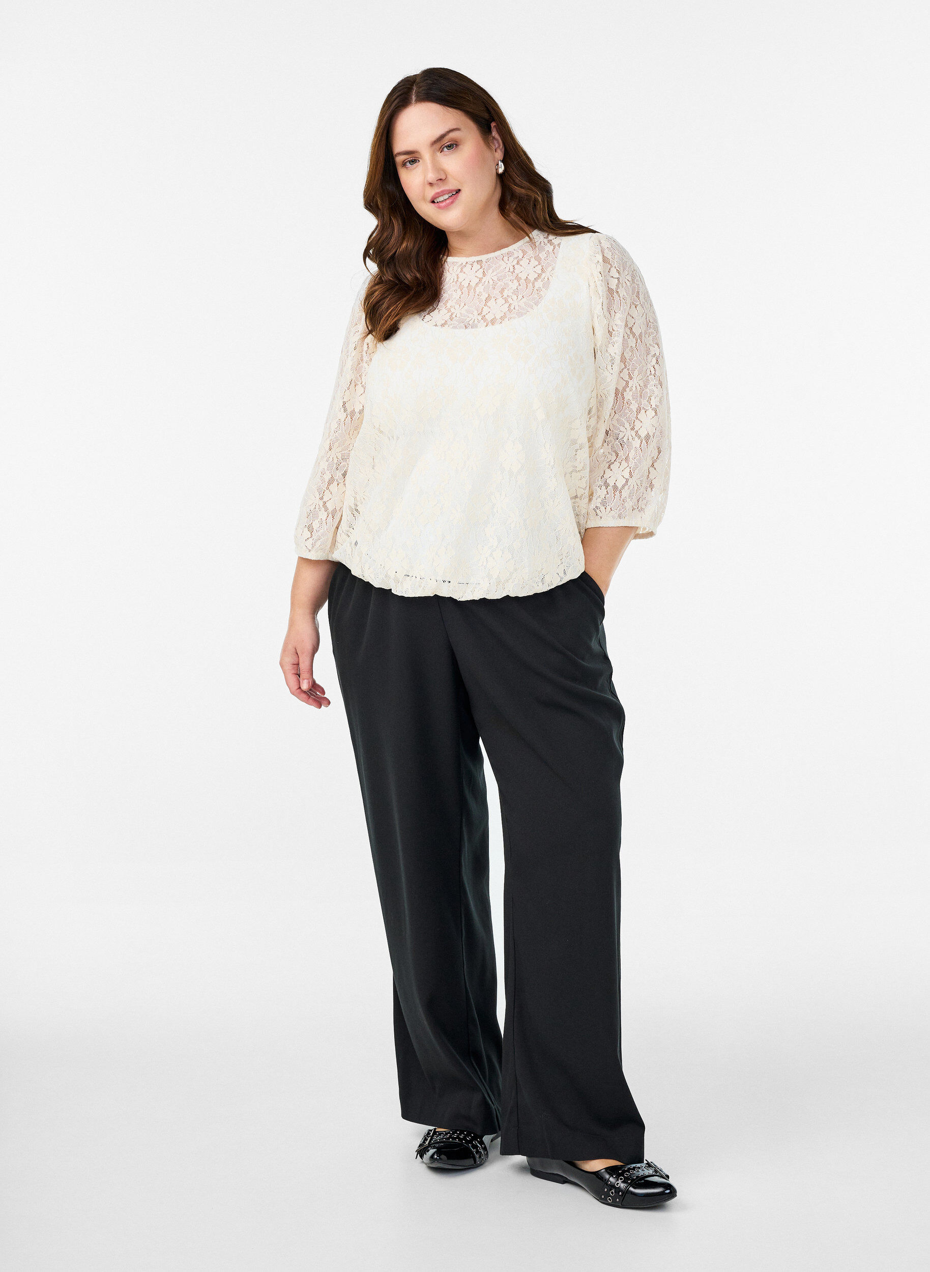Zizzi Blouse en dentelle avec manches 3/4, Vanille, Model image number 1