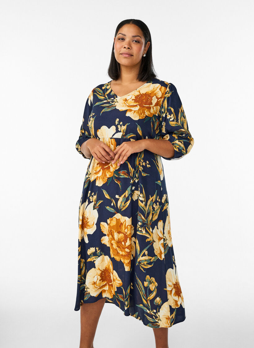 Midi-jurk met bloemenprint en 3/4 mouwen, Blauw, Model image number 0