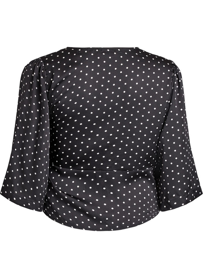 Blouse met stippen, striksluiting en 3/4-mouwen, Zwart, Packshot image number 1