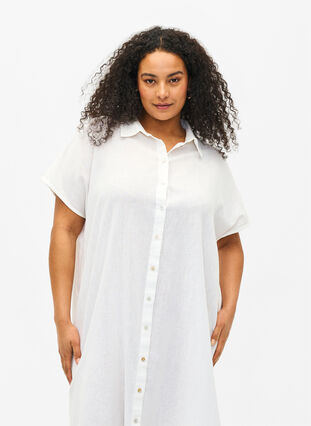 Lang shirt van katoenmix met linnen, Bright White, Model image number 2