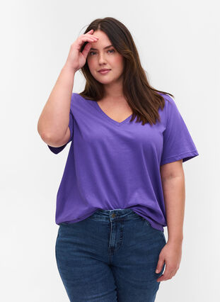 T-shirt en coton bio à col V, Ultra Violet, Model image number 0