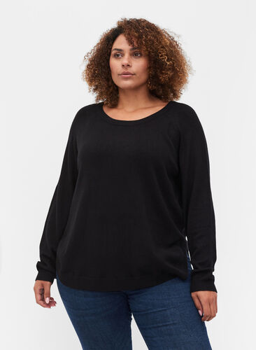 Top en tricot à manches longues avec détails, Black, Model image number 0